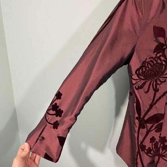 Vintage Dark Red Velvet Floral Mixed Media Button Up Tradition Chinese Jacket - Picture 4 of 8
